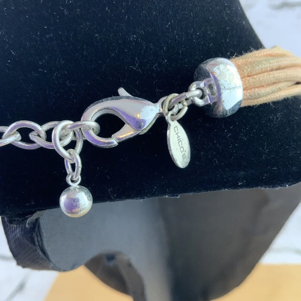 Chicos Threaded‎ Cord Choker Necklace Silver Toned Rings Boho Hippie Beige
